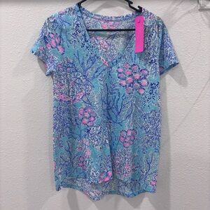 Lilla P Blue and Pink Floral Short Sleeve Top